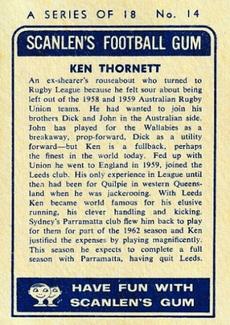 1963 Scanlens NRL #14 Ken Thornett Back